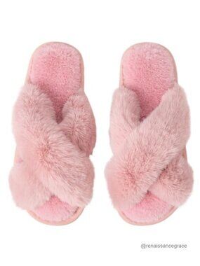 Women's Cross Band Fuzzy Slippers Fluffy Open Toe House Slippers